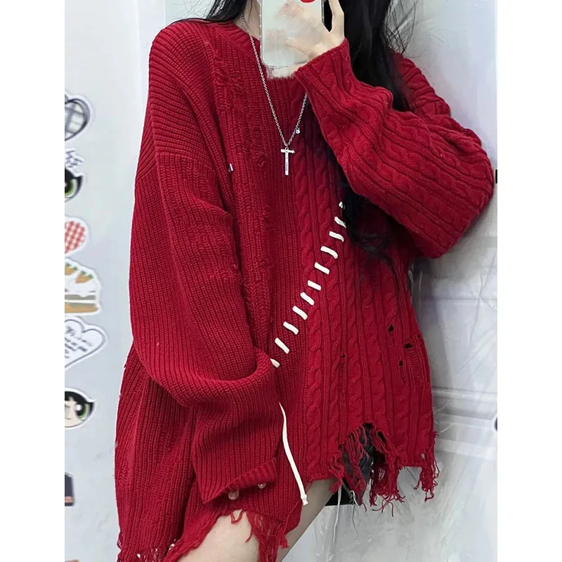 Girlary Women Red Pullover Knitted Sweater Harajuku Aesthetic Y2k Large Size Long Sleeves Sweaters Fashion Vintage 2000s Clothes 2024