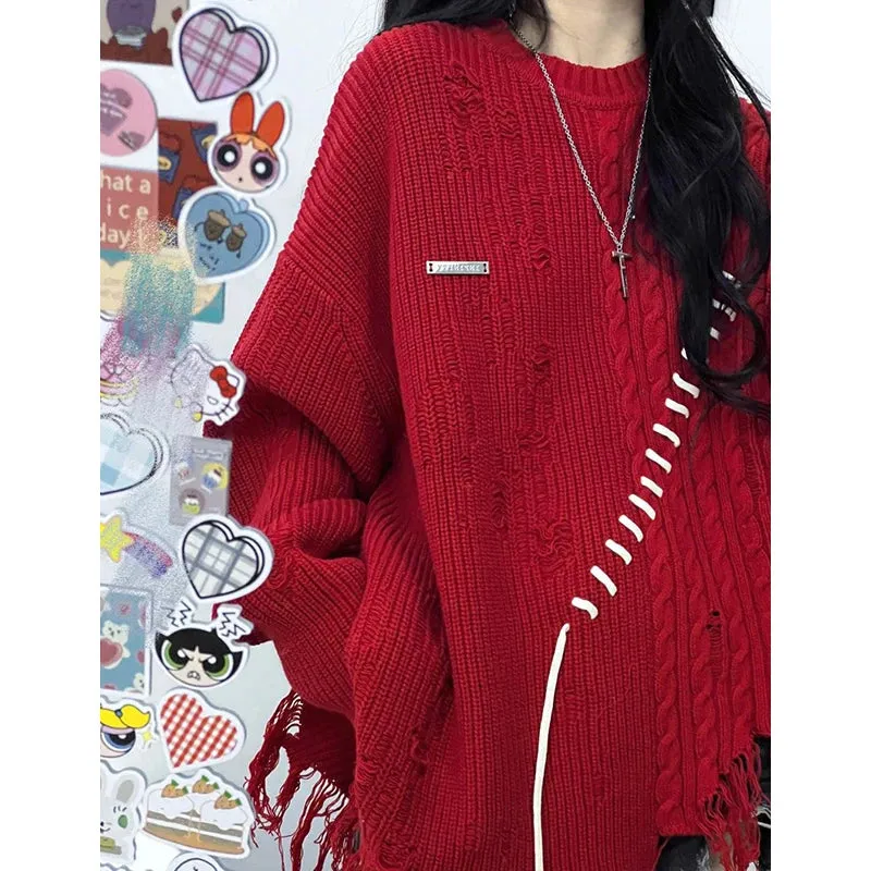 Girlary Women Red Pullover Knitted Sweater Harajuku Aesthetic Y2k Large Size Long Sleeves Sweaters Fashion Vintage 2000s Clothes 2024