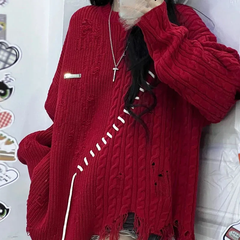 Girlary Women Red Pullover Knitted Sweater Harajuku Aesthetic Y2k Large Size Long Sleeves Sweaters Fashion Vintage 2000s Clothes 2024