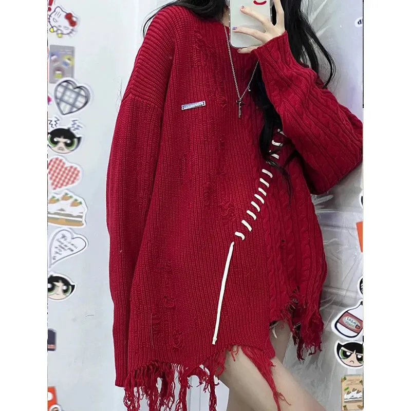 Girlary Women Red Pullover Knitted Sweater Harajuku Aesthetic Y2k Large Size Long Sleeves Sweaters Fashion Vintage 2000s Clothes 2024