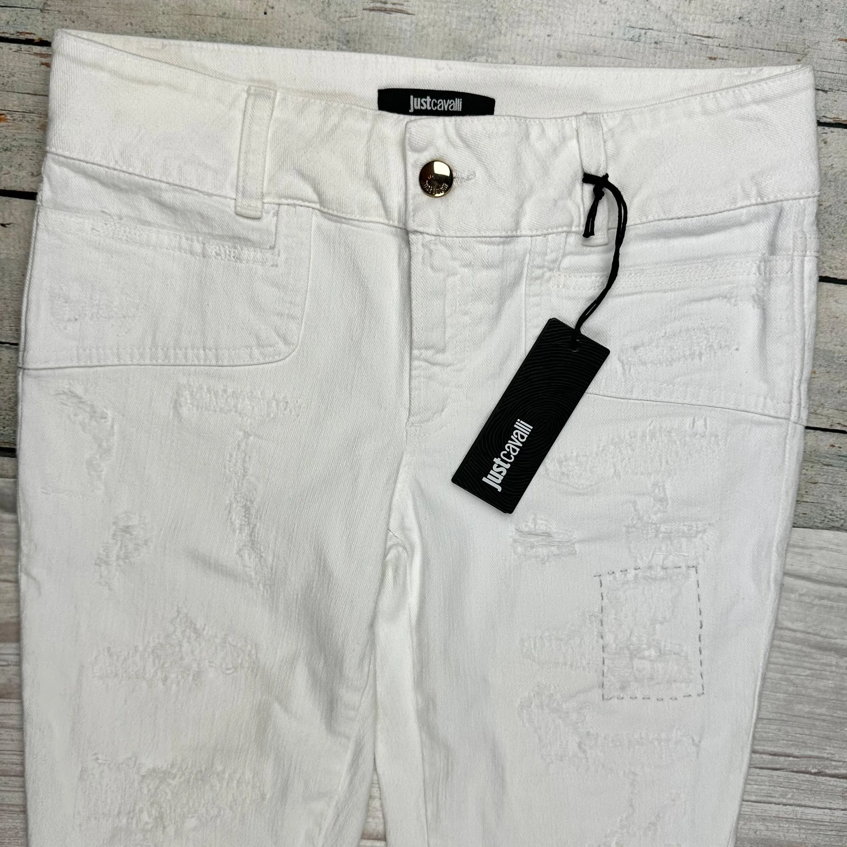 NWT- Just Cavalli Ladies Slim Gold & White Cuffed Jeans - Size 26