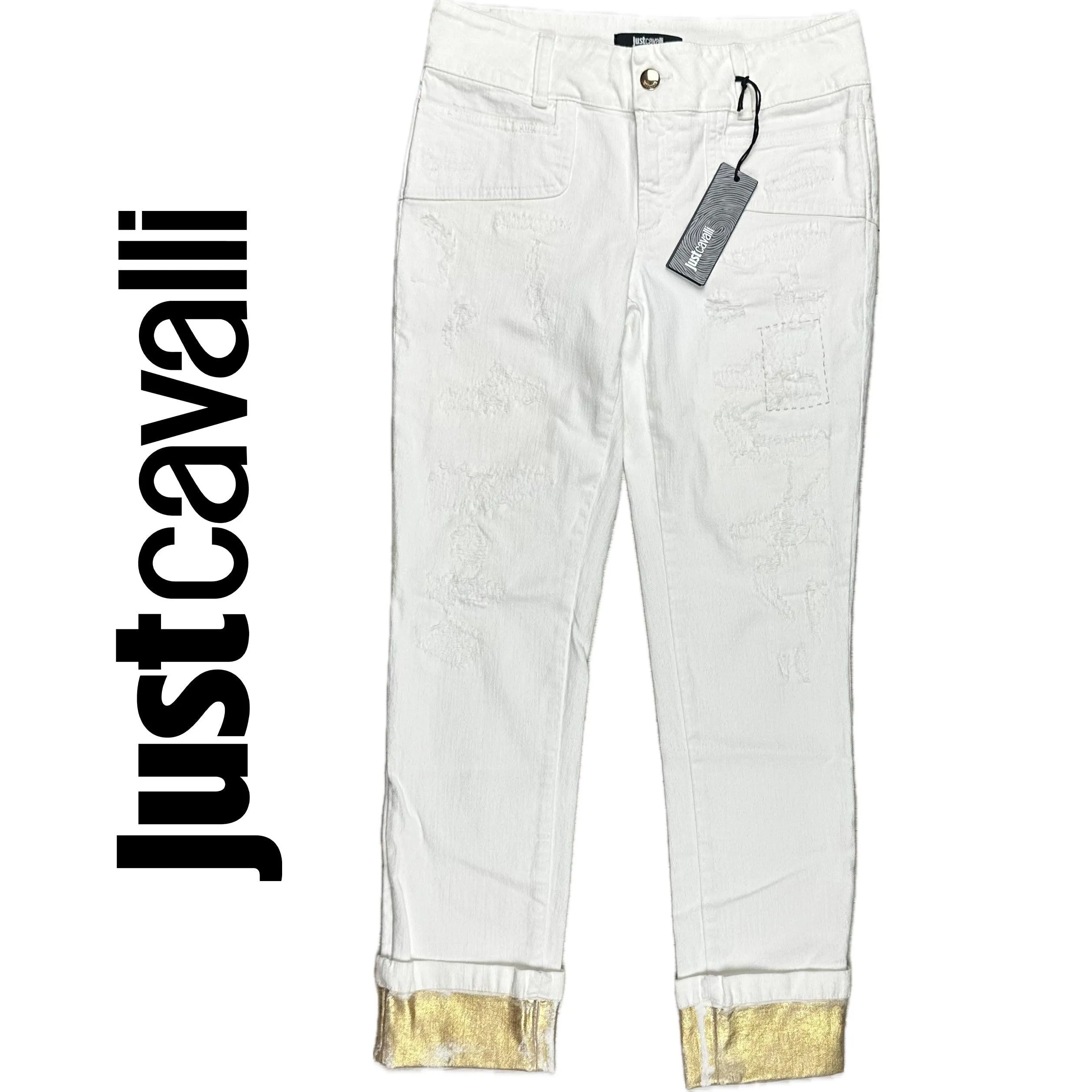 NWT- Just Cavalli Ladies Slim Gold & White Cuffed Jeans - Size 26
