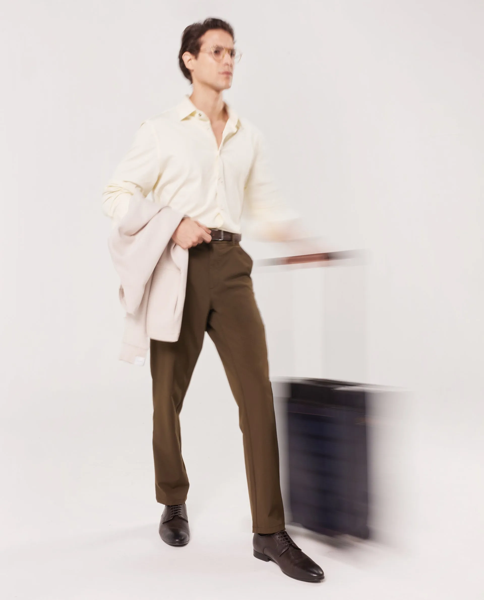 Rare Rabbit Men Travel-25 Olive Polyester Viscose Lycra Fabric Button And Zip Closure Regular Fit Solid Trousers