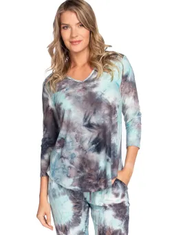 Tie Dye Flowy V-Neck 3/4 Sleeve Top
