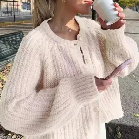 UAKISS  -  New Autumn Winter Thick Knitted Sweater Ladies Elegant O-neck Single Breasted Solid Cardigan Simple Long Sleeved Warm Sweaters