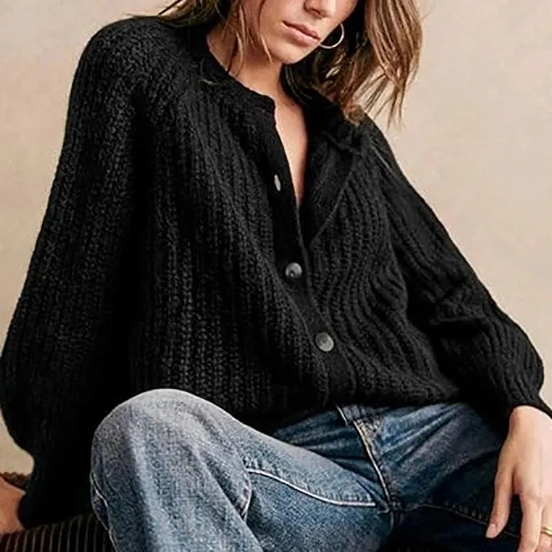 UAKISS  -  New Autumn Winter Thick Knitted Sweater Ladies Elegant O-neck Single Breasted Solid Cardigan Simple Long Sleeved Warm Sweaters
