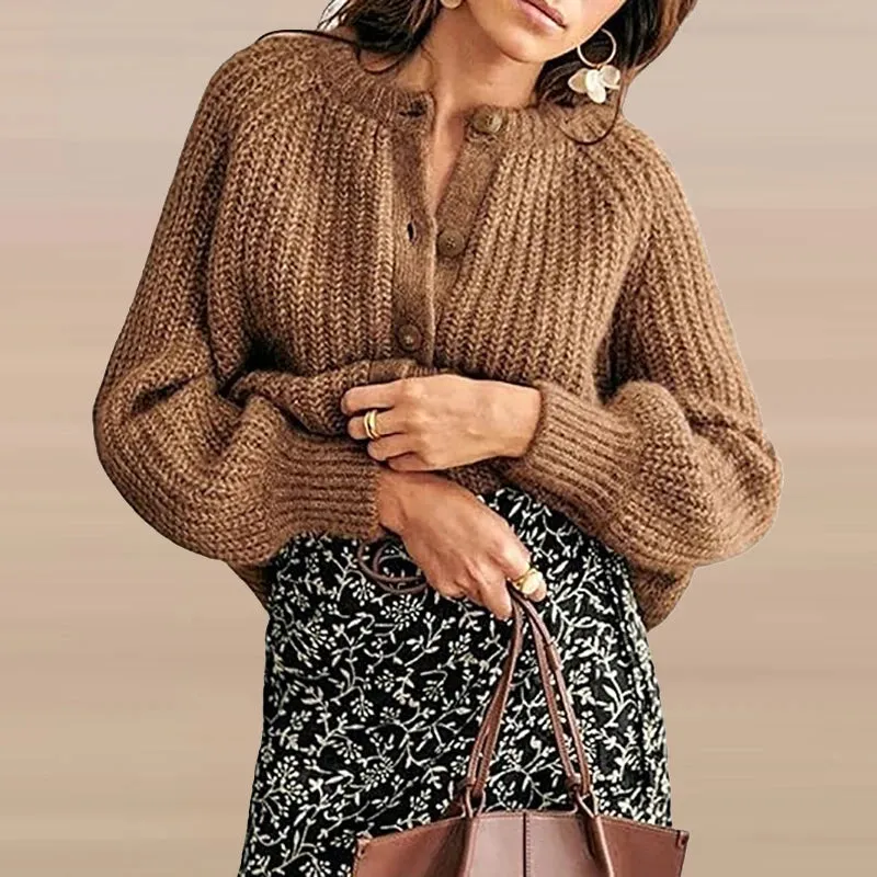 UAKISS  -  New Autumn Winter Thick Knitted Sweater Ladies Elegant O-neck Single Breasted Solid Cardigan Simple Long Sleeved Warm Sweaters