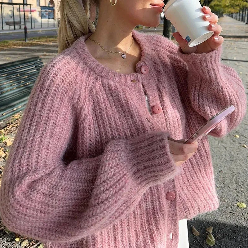 UAKISS  -  New Autumn Winter Thick Knitted Sweater Ladies Elegant O-neck Single Breasted Solid Cardigan Simple Long Sleeved Warm Sweaters