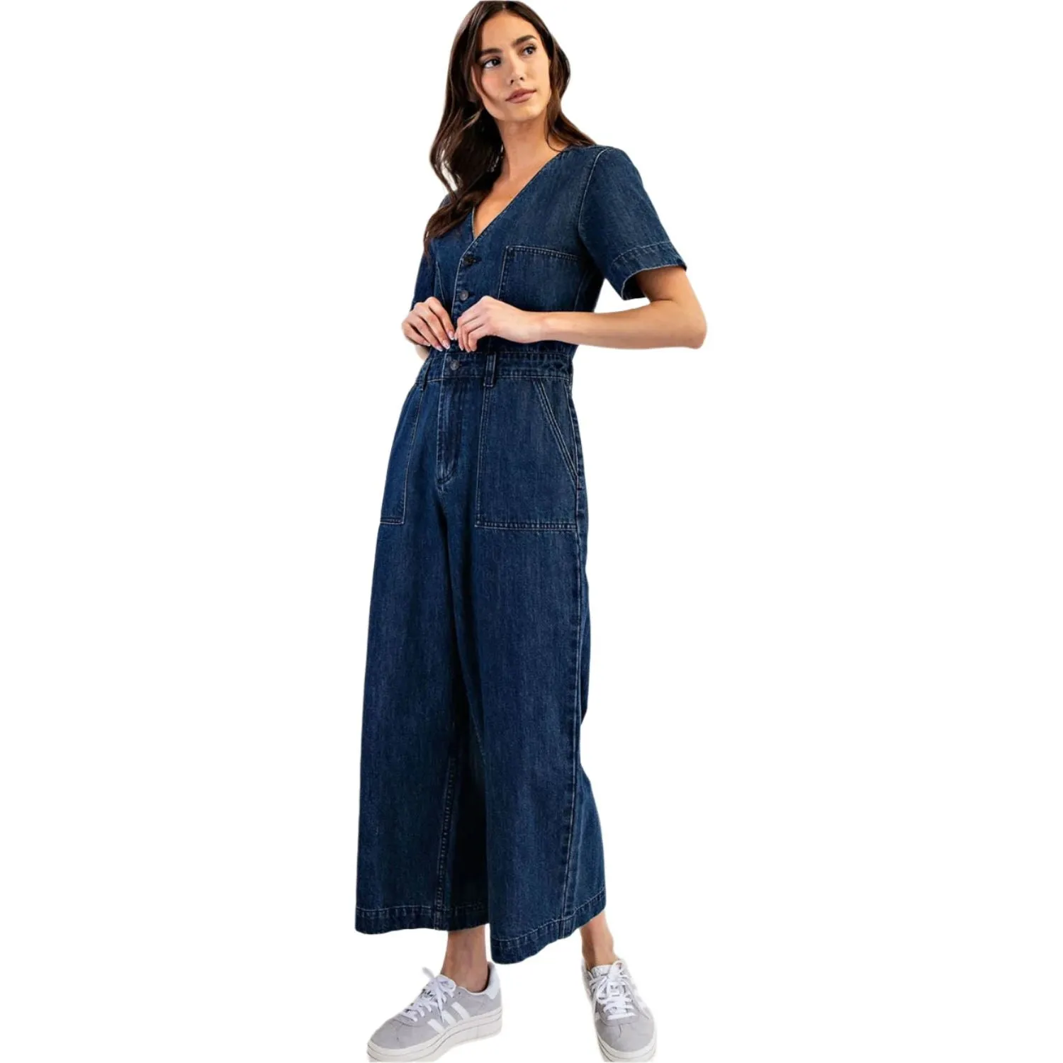 Women's Denim Button Down Short Sleeve Jumpsuit BK14049