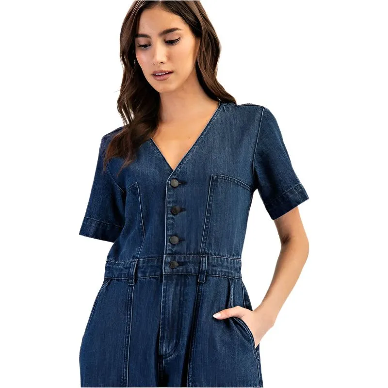 Women's Denim Button Down Short Sleeve Jumpsuit BK14049