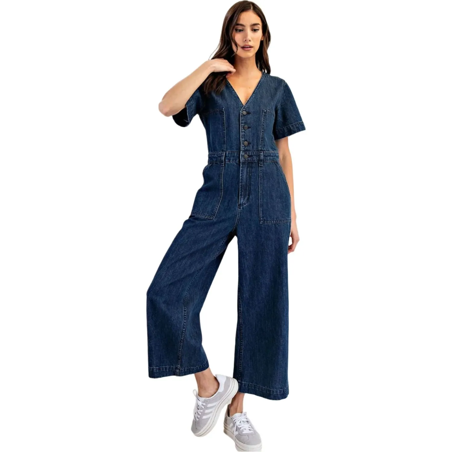 Women's Denim Button Down Short Sleeve Jumpsuit BK14049