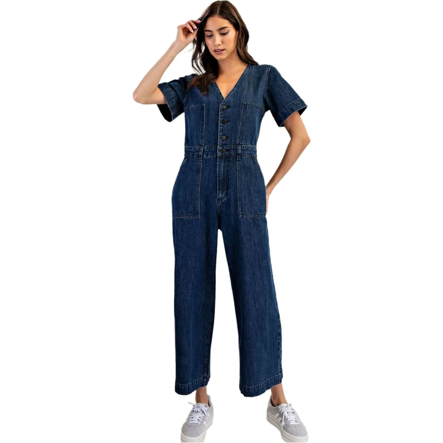 Women's Denim Button Down Short Sleeve Jumpsuit BK14049